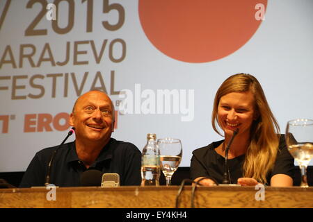 (150721) -- SARAJEVO, July 21, 2015 (Xinhua) -- Director of Sarajevo Film Festival Mirsad Purivatra (L) attends the press conference in the cinema Meeting Point, in Sarajevo, Bosnia and Herzegovina(BiH), on July 21, 2015. The 21st Sarajevo Film Festival will be held from Aug.14 to Aug. 22, 2015. (Xinhua/Haris Memija) Stock Photo