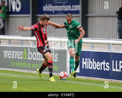 Nantwich, Cheshire, UK. 21st July, 2015. Nantwich Town entertain League Two Morecambe in a pre season friendly at The Weaver Stadium. Morecambe ran out 6-0 victors. Liam Shotton of Nantwich in action. Credit:  SJN/Alamy Live News Stock Photo