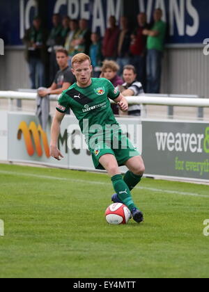 Nantwich, Cheshire, UK. 21st July, 2015. Nantwich Town entertain League Two Morecambe in a pre season friendly at The Weaver Stadium. Morecambe ran out 6-0 victors. Nantwich Town's Chris Smith on the ball. Credit:  SJN/Alamy Live News Stock Photo