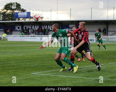 Nantwich, Cheshire, UK. 21st July, 2015. Nantwich Town entertain League Two Morecambe in a pre season friendly at The Weaver Stadium. Morecambe ran out 6-0 victors. Nantwich Town's Liam Shotten in the box. Credit:  SJN/Alamy Live News Stock Photo
