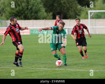 Nantwich, Cheshire, UK. 21st July, 2015. Nantwich Town entertain League Two Morecambe in a pre season friendly at The Weaver Stadium. Morecambe ran out 6-0 victors. Nantwich Town's PJ Hudson on the ball. Credit:  SJN/Alamy Live News Stock Photo
