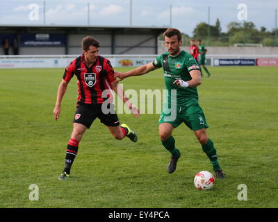 Nantwich, Cheshire, UK. 21st July, 2015. Nantwich Town entertain League Two Morecambe in a pre season friendly at The Weaver Stadium. Morecambe ran out 6-0 victors. Nantwich Town's Sam Hall on the ball. Credit:  SJN/Alamy Live News Stock Photo