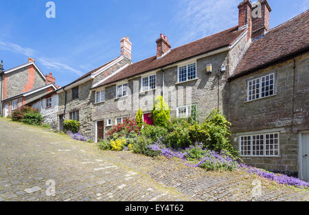 Pretty local style cottages on the steep Gold Hill, Shaftesbury, Dorset, UK in summer, the location for the Ridley Scott Hovis brown bread advert Stock Photo