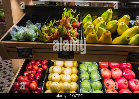 Paris, France, Exotic Vegetables in Luxury Food Shopping in French Department Store, Le Bon Marché, La Grande Épicerie De Paris, Dragon Fruit, greengrocer inside Stock Photo