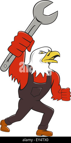 Illustration of a american bald eagle mechanic holding spanner looking to the side set on isolated white background done in cartoon style. Stock Photo