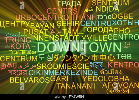 Background concept wordcloud multilanguage international many language illustration of downtown glowing light Stock Photo