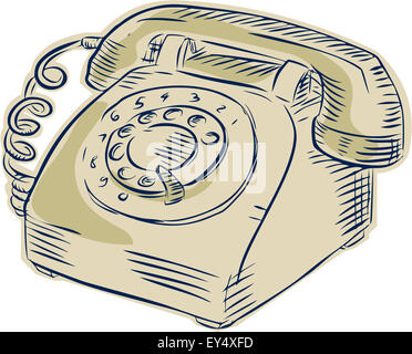 Etching engraving handmade style illustration of a vintage telephone viewed from the front set on isolated white background. Stock Photo