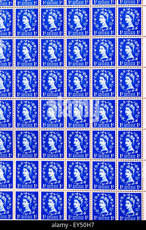 Sheet of British postage stamps. Circa 1950s, Queen Elizabeth 1d blue 'wilding' definitive stamp issue. In use from 1952 to 1967. Iconic. Stock Photo