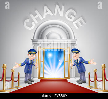 Change door concept of a doormen holding open a door at a red carpet entrance with velvet ropes. Light streaming through it, cou Stock Photo