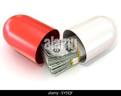 Opened red pill capsule, with dollars stack inside. Isolated on white background Stock Photo