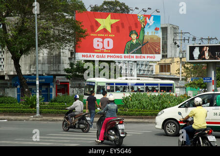 Propaganda poster commemorating  the 60th anniversary of the Vietnamese victory at the battle of Dien Bien Phu. Stock Photo