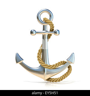 Steel anchor with rope isolated on a white background. 3D render illustration. Stock Photo