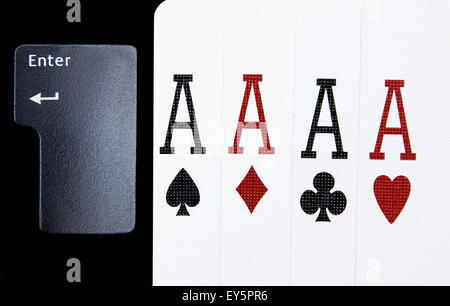 internet casino poker four of kind aces cards comdination hearts with isolated enter key Stock Photo