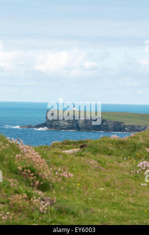 Birsay lighthouse shot from the RSPB site of Marwick Head, Mainland Orkney, Scotland Stock Photo