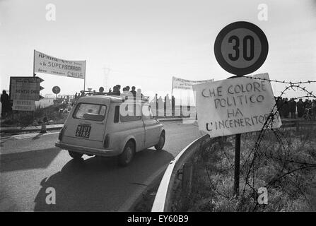 Ecological disaster of Seveso (Italy,1976), leak of dioxin from ICMESA  plant, block of the highway for protest Stock Photo