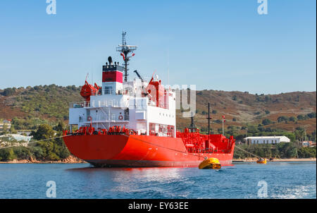 Red Liquefied Petroleum Gas LPG tanker with white superstructure stands moored in Port of Ajaccio, Corsica, France Stock Photo