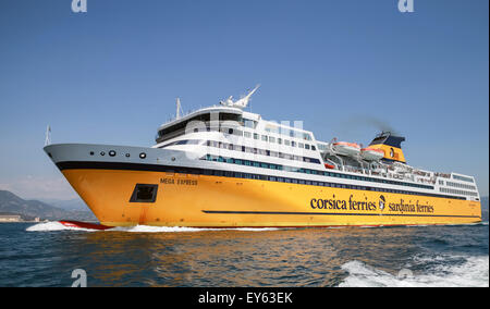 Ajaccio, France - June 30, 2015: The Mega Express ferry, big yellow passenger ship operated by Corsica Ferries Sardinia Ferries Stock Photo