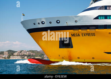 Ajaccio, France - June 30, 2015: The Mega Express ferry, big yellow passenger ship operated by Corsica Ferries Sardinia Ferries Stock Photo