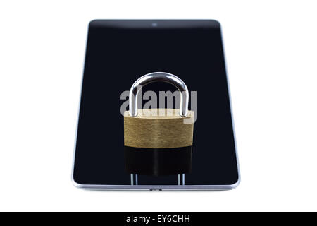 Locked padlock on a tablet computer. Isolated on white background. Concept photo of technology, mobile& tablet computer security Stock Photo