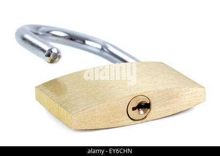 Close-up of an unlocked padlock showing keyhole, isolated on white background Stock Photo