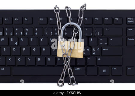 Keyboard protected by metal chain and a lock, isolated on white background. Concept photo of Internet &computer security&safety. Stock Photo