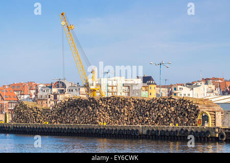 Wood logs and crane in port of Kolobrzeg, Poland. Stock Photo