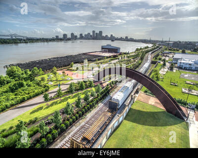 New Orleans Crescent Park and Skyline as seen from above in the Bywater neighborhood. Stock Photo