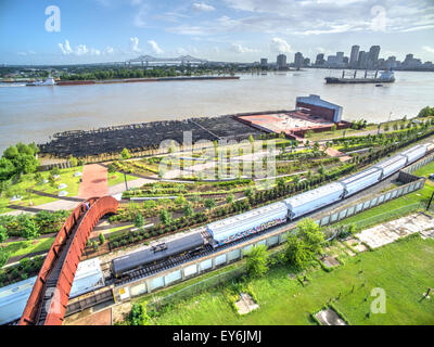 New Orleans Crescent Park and Skyline as seen from above in the Bywater neighborhood. Stock Photo