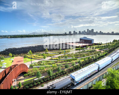 New Orleans Crescent Park and Skyline as seen from above in the Bywater neighborhood. Stock Photo