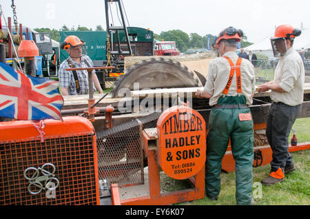 Sawing logs into planks using traditional sawmill. Stock Photo