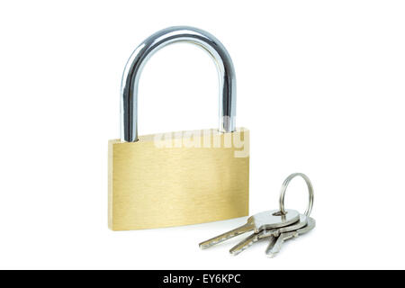 Close-up of a locked padlock and keys, isolated on white background Stock Photo