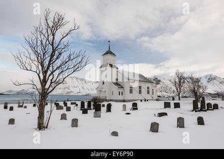 Cemetery and Church of Gimsøy, Lofoten, Norway Stock Photo