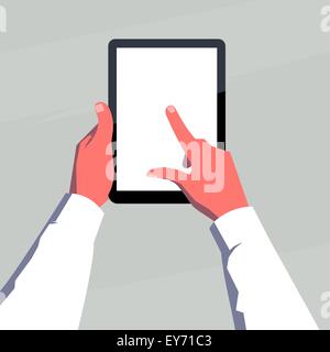 Hands holding tablet computer with blank screen. Simple flat black ...