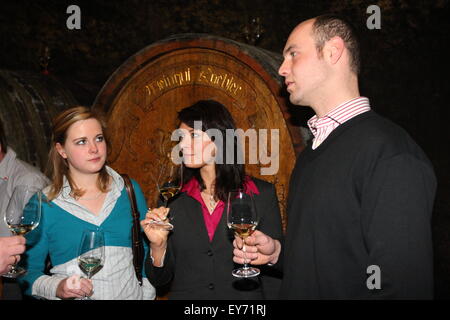 Eltville, Germany - March 6, 2009 - Guided tour and wine tasting in cellar at Rheingau Stock Photo