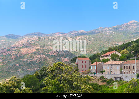 Rural Corsican landscape, old stone houses and mountains. Aullene village, Corsica, France Stock Photo