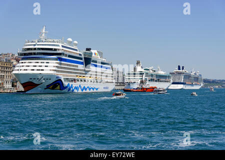 Cruise ship AIDAstella at the front, built in 2013, 253,3m long, 2700 passengers, at the quay of Karaköy, Istanbul Modern Stock Photo