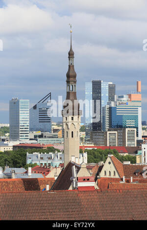 Tower of the city hall and high-rise buildings in the New Town, view from Kohtuotsa viewpoint in the Upper Town, Tallinn Stock Photo