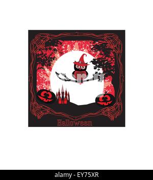 Halloween illustration owl on moon background. Stock Vector