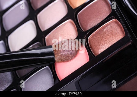 Neutral eyeshadows palette with professional brush, closeup Stock Photo