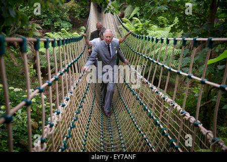 Britain's Prince Charles , The Prince of Wales, crosses the longest rope bridge in the UK at The Lost Garden's of Heligan near Mevagissey in Cornwall Stock Photo