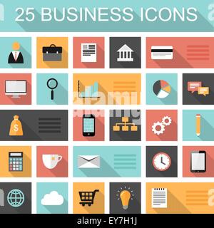 Flat 25 business and marketing web icons set with long shadows Stock Vector