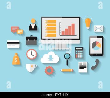 Flat technology, business and social media web icons set on blue background Stock Vector