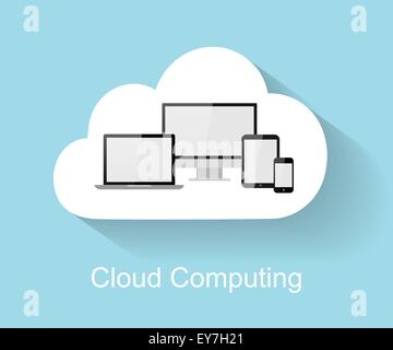 Cloud computing concept with big flat cloud, tablet PC, notebook, smart phone and computer with long shadow Stock Vector