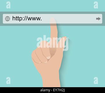 Hand pushing virtual search bar on turquoise background, internet concept Stock Vector