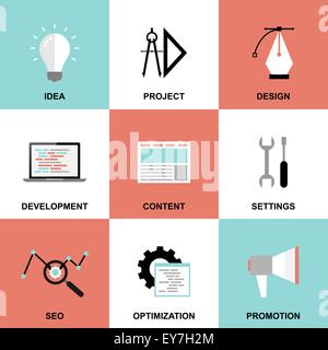 Website project process icons:idea, design, development, content settings, SEO, optimization and promotion. Modern flat design