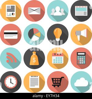 Flat round business and marketing web icons set with long shadows Stock Vector