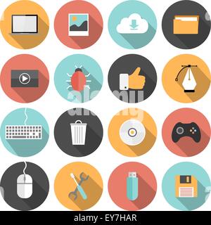 Flat seo, development, social media and computer icons with long shadows Stock Vector