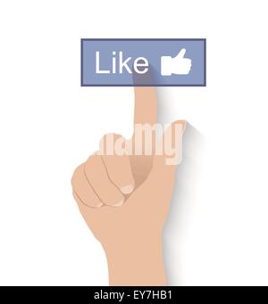 Hand pushing like button on white background Stock Vector