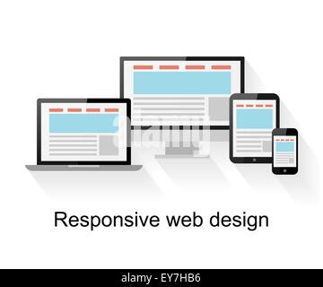 Responsive web design on computer, tablet PC, notebook and smart phone on white background Stock Vector
