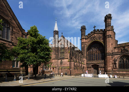 Barclays Bank and Chester Cathedral on St Werburgh Street in Chester city centre UK Stock Photo